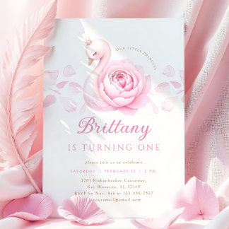 Pink Swan Floral Erster Geburtstag Einladung