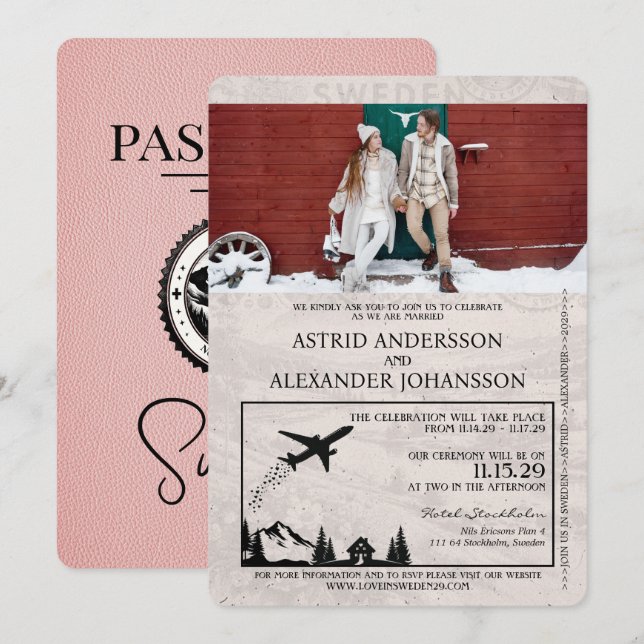 Pink Sweden Passport Hochzeitseinladung Einladung (Vorne/Hinten)
