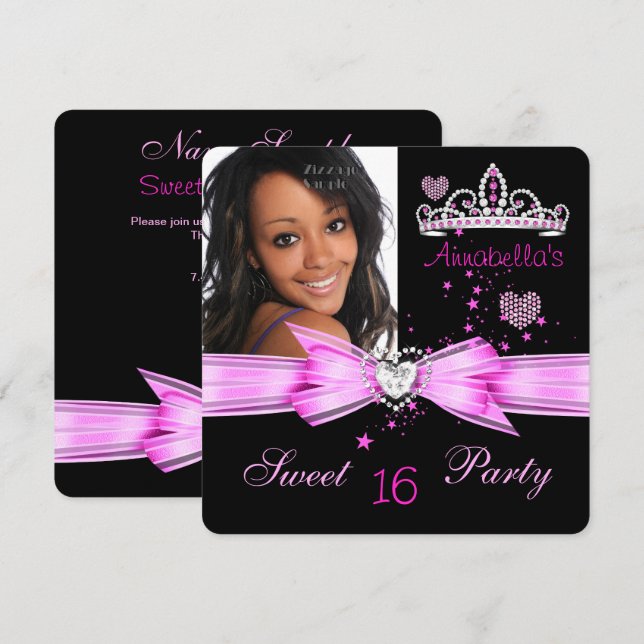 Pink Sweet 16 Birthday Diamond Tiara Foto 2 Einladung (Vorne/Hinten)