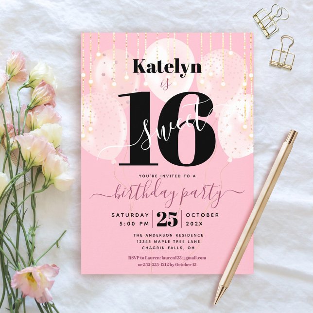 Pink Sweet 16 Birthday Girly Glam Balloons Script Einladung (Von Creator hochgeladen)
