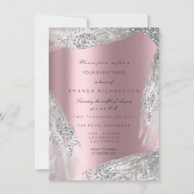 Pink Sweet 16. Bridal Silver Gray Rose Mauve Einladung (Vorderseite)