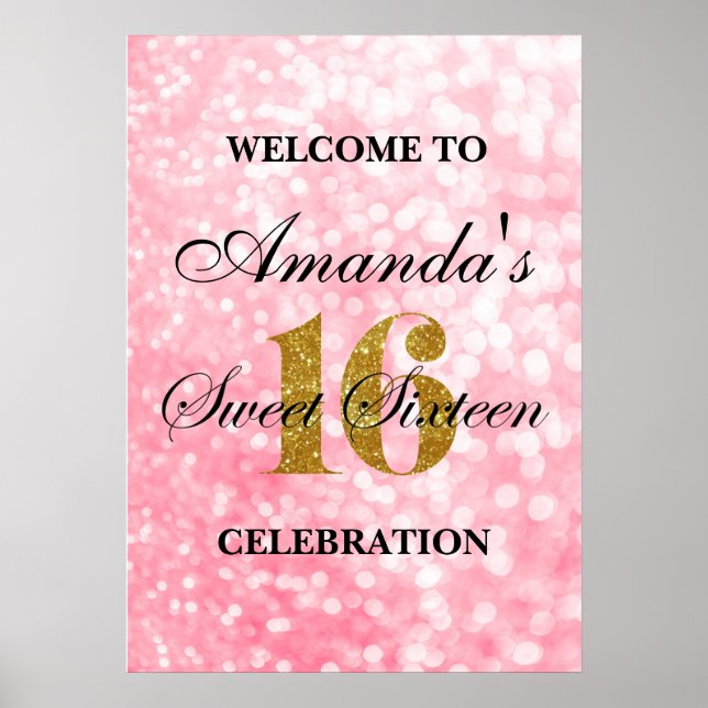 Pink Sweet 16 Gold Glitzer Lights Willkommenspende Poster (Vorne)