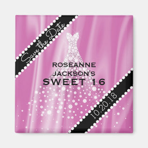 Pink Sweet 16 Save the Date Elegant Satin Diamonds Magnet