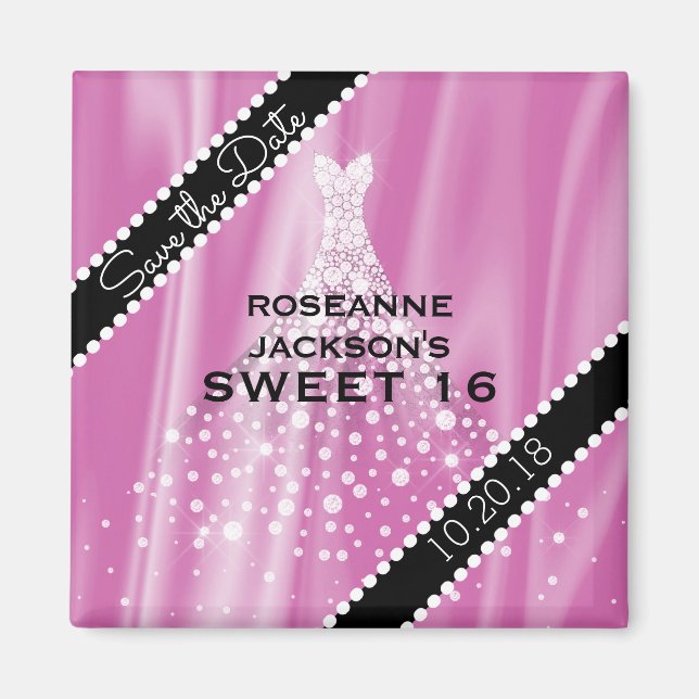 Pink Sweet 16 Save the Date Elegant Satin Diamonds Magnet (Vorne)