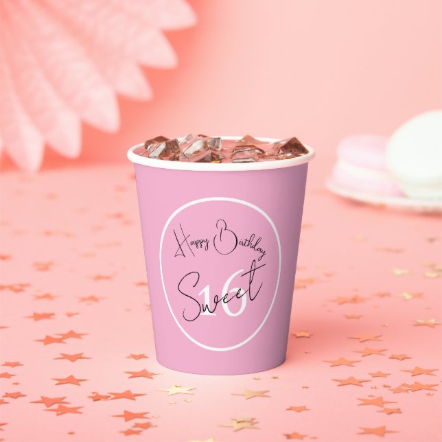 Pink Sweet 16 White & Black Script Paper cup Pappbecher (Insitu)