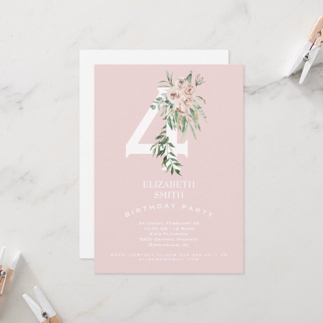 Pink Sweet 4. Geburtstagsfeier Party Einladung (Vorderseite/Rückseite Beispiel)