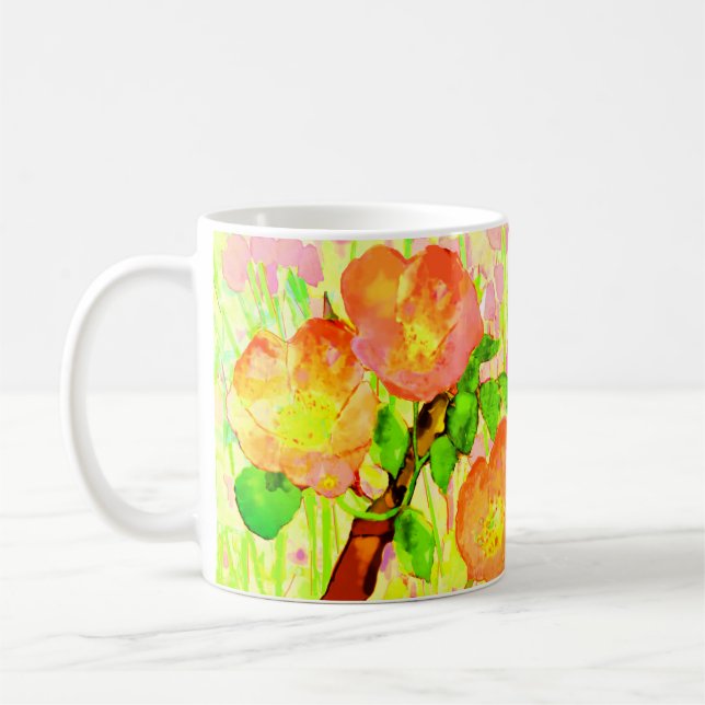 Pink Sweet Briar Flowers Leaves Branch Kaffeetasse (Links)