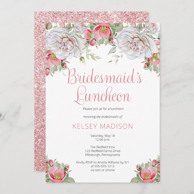 Pink Sweet Floral Blooms Bridesmaid's Luncheon Einladung (Vorne/Hinten)