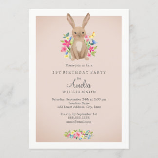 Pink Sweet Floral Bunny Erster Geburtstag Einladun Einladung