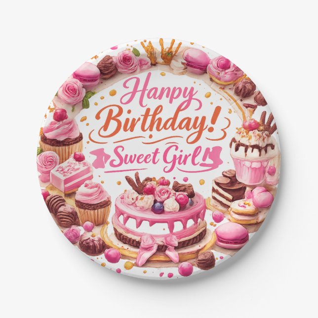 Pink Sweet Girl Birthday Party Paper Plates Pappteller (Vorderseite)