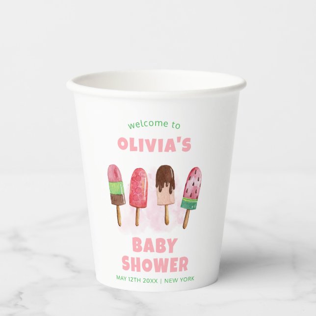 Pink Sweet Ice Cream Popcicle Baby Dusche Willkomm Pappbecher (Vorderseite)