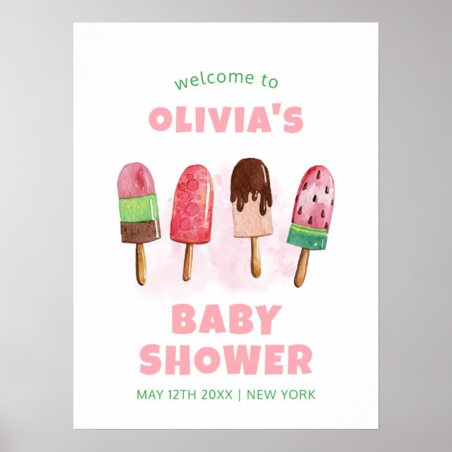 Pink Sweet Ice Cream Popcicle Baby Dusche Willkomm Poster (Vorne)