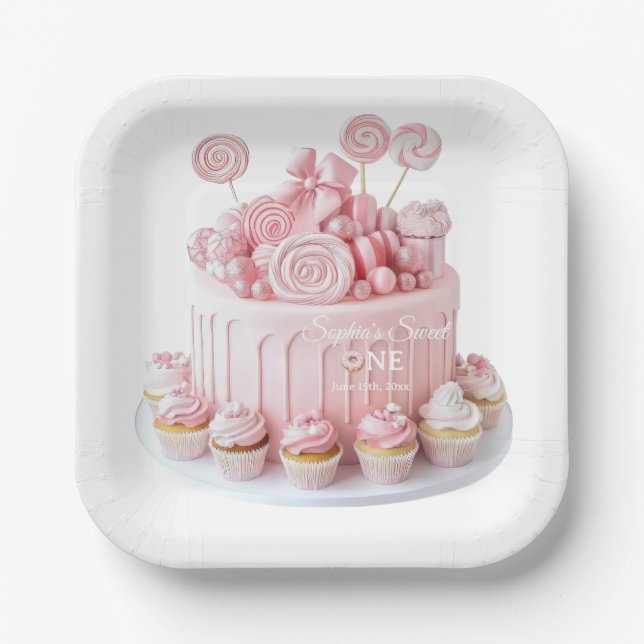 Pink Sweet One Birthday Paper Plates Pappteller (Vorderseite)