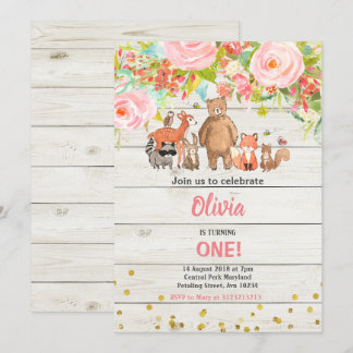 Pink Sweet Rustic Woodland Animal 1. Geburtstag Einladung