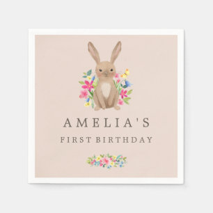 Pink Sweet Woodland Bunny First Birthday Napkin Serviette