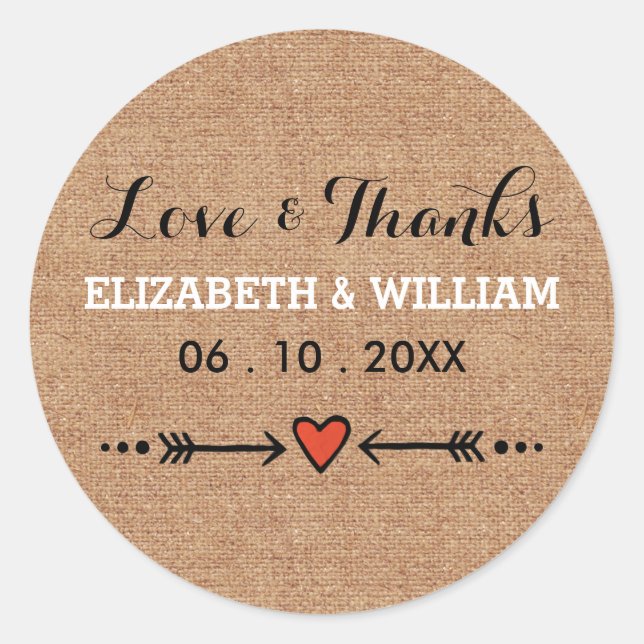 Pink Sweethearearts & Arrows Burlap Liebe und Dank Runder Aufkleber (Vorderseite)