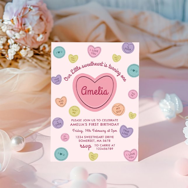 Pink Sweetheart Candy Valentine Birthday Einladung (Von Creator hochgeladen)