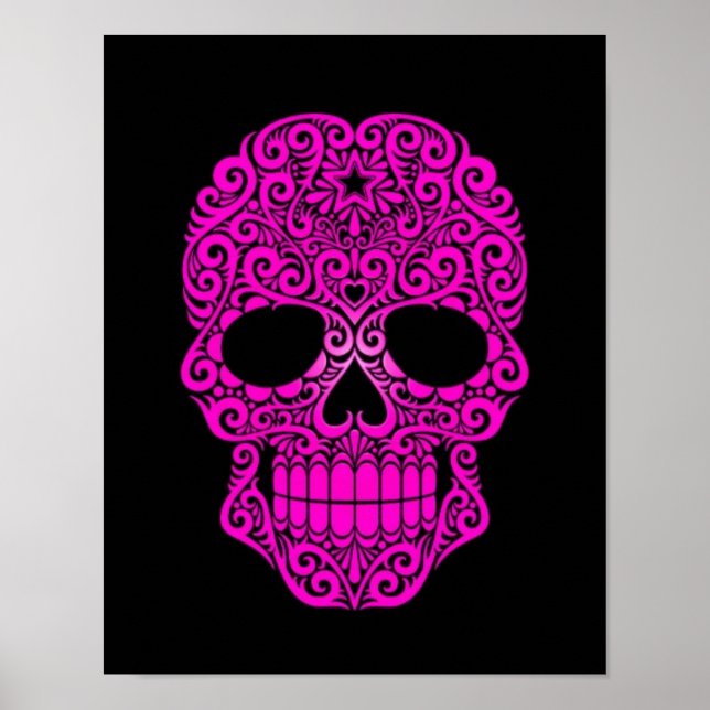 Pink Swirling Sugar Skull auf schwarz Poster (Vorne)