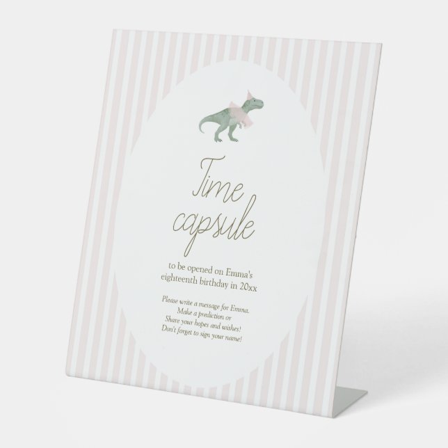 Pink T Rex Tutu Girl Birthday Time Capsule Sign Sockelschild (Vorderseite)