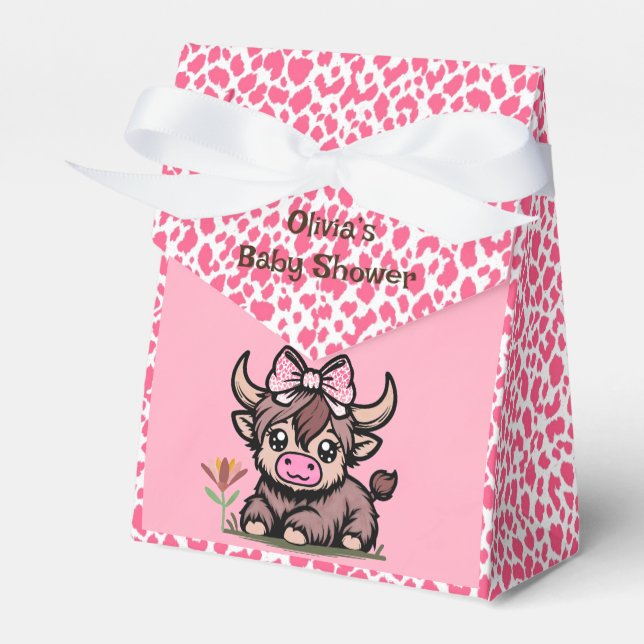 Pink Tan Highland Cow Girl Babydusche Geschenkschachtel (Vorderseite)