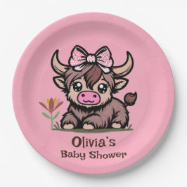 Pink Tan Highland Cow Girl Babydusche Pappteller