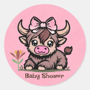 Pink Tan Highland Cow Girl Babydusche Runder Aufkleber