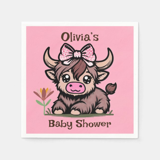 Pink Tan Highland Cow Girl Babydusche Serviette (Vorderseite)