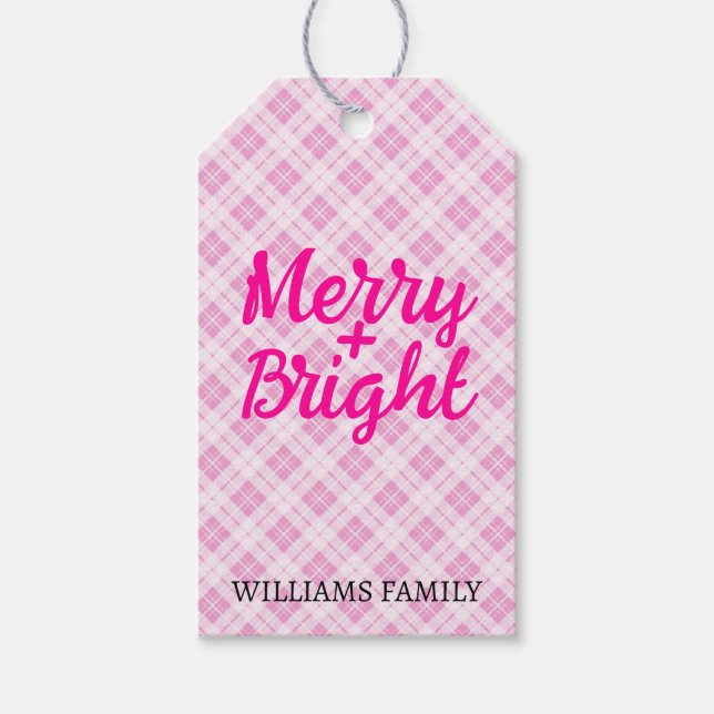 Pink tartan Christmas Merry Bright Familienname Geschenkanhänger (Vorderseite)