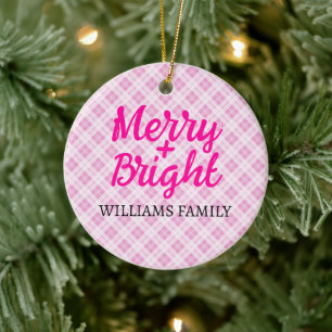 Pink tartan Christmas Merry Bright Familienname Keramik Ornament