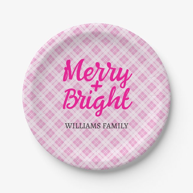 Pink tartan Christmas Merry Bright Familienname Pappteller (Vorderseite)