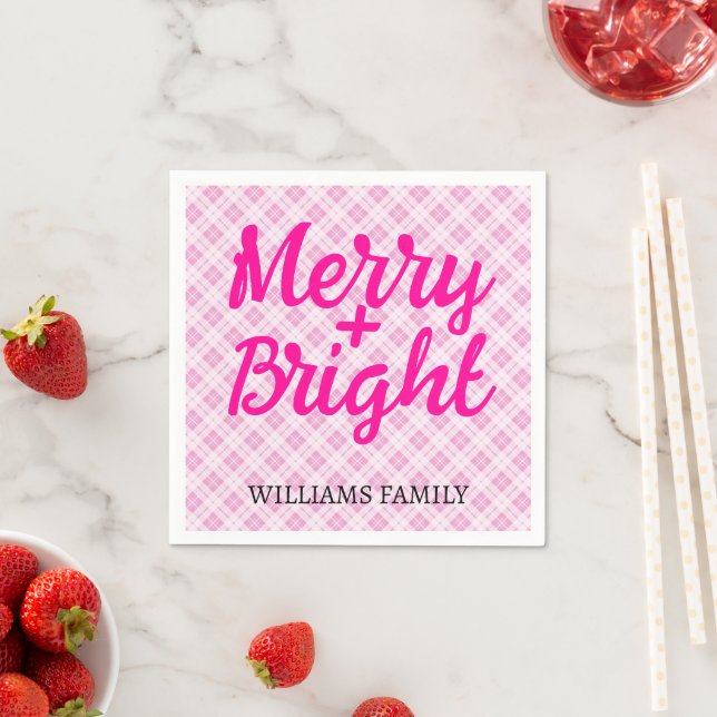 Pink tartan Christmas Merry Bright Familienname Serviette (Beispiel)