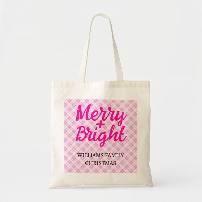 Pink tartan Christmas Merry Bright Familienname Tragetasche (Vorne)