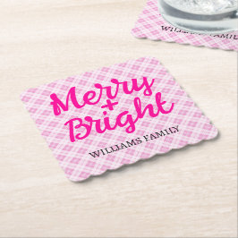 Pink tartan Christmas Merry Bright Familienname Untersetzer