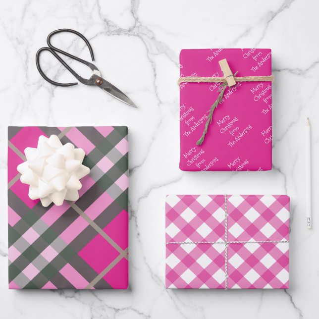 Pink Tartan Kariert Gingham Personalisierte Weihna Geschenkpapier Set (Vorderseite)