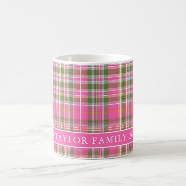 Pink Tartan Plaid Family Name Kaffeetasse (Mittel)