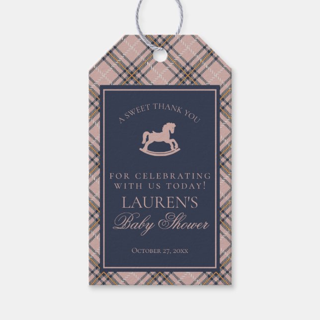 Pink Tartan Plaid Rocking Horse Baby Shower Favors Geschenkanhänger (Vorderseite)