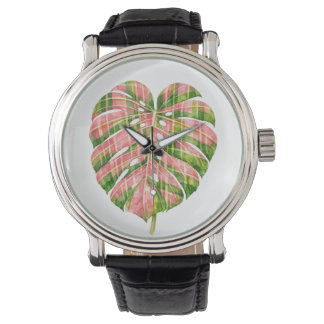 Pink Tartan Scottish Monstera Watercolour Botanic Armbanduhr