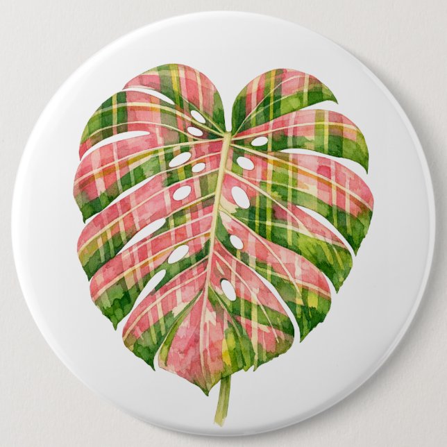 Pink Tartan Scottish Monstera Watercolour Botanic Button (Vorderseite)