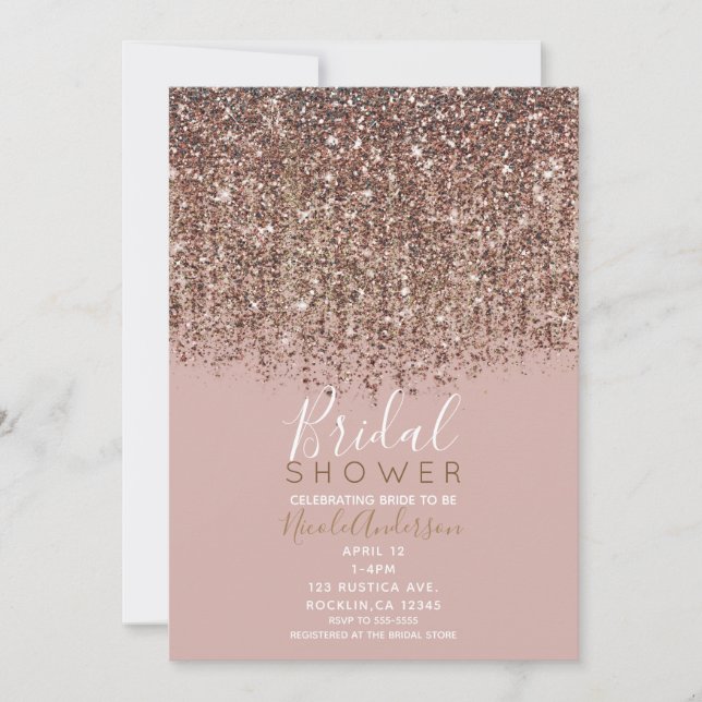 Pink Taupe Bronze Gold Glitzer Glam Brautparty Einladung (Vorderseite)