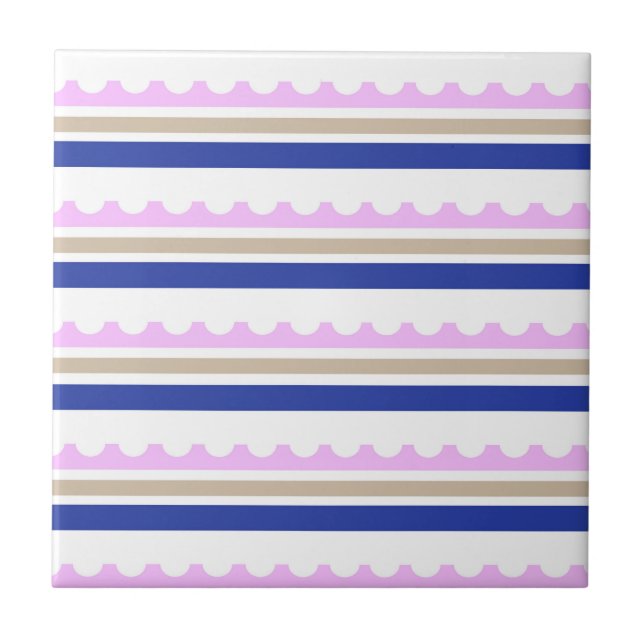 Pink Taupe White Blue Strip Scallop Muster Druck Fliese (Vorderseite)