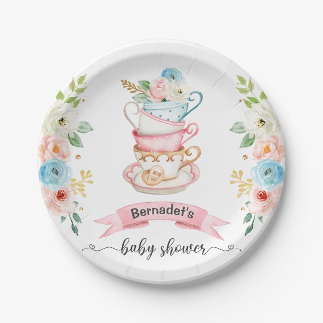 Pink Tea Party Babydusche Papierplatte Pappteller (Vorderseite)