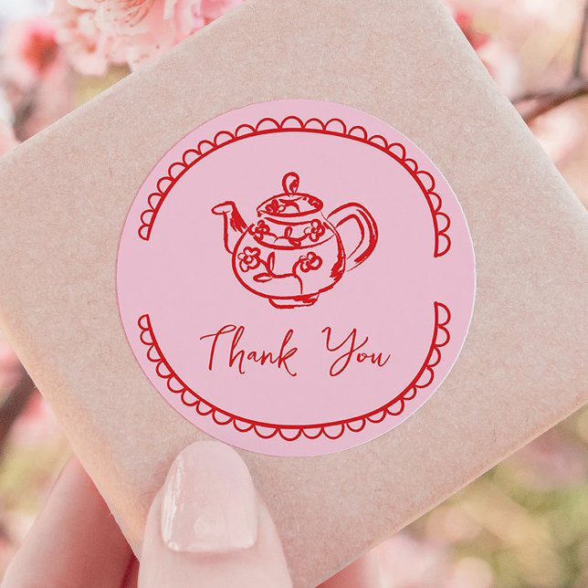 Pink Tea Party Tea Pot Doodle Vielen Dank Runder Aufkleber (pink and red hand-drawn scribble bridal shower thank you favour sticker)