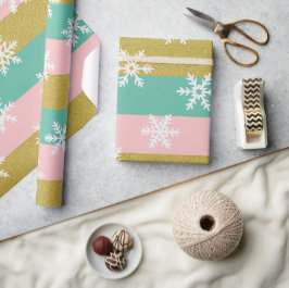 Pink Teal and Gold Stripes With Snowflakes Geschenkpapier
