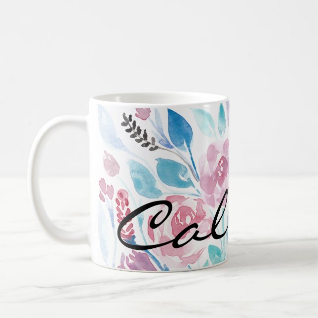Pink Teal Blue Spring Watercolor Flowers Monogram Kaffeetasse (Links)