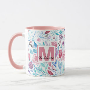 Pink Teal Blue Spring Watercolor Flowers Monogram Tasse