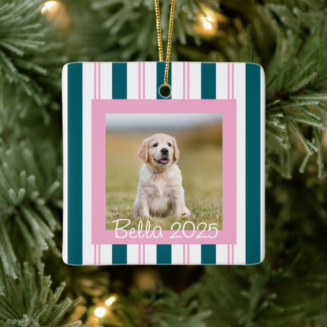 Pink Teal Pet Photo with Name Keramikornament (Baum)