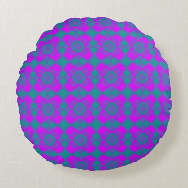 Pink Teal Purple Checker Argyle Pattern Rundes Kissen (Vorderseite)