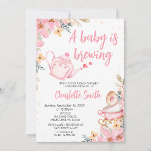 Pink Teapot Floral Baby Brewing Baby Shooter Einladung
