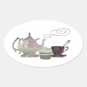 Pink Teapot, Teacup und Cupcake Art Ovaler Aufkleber