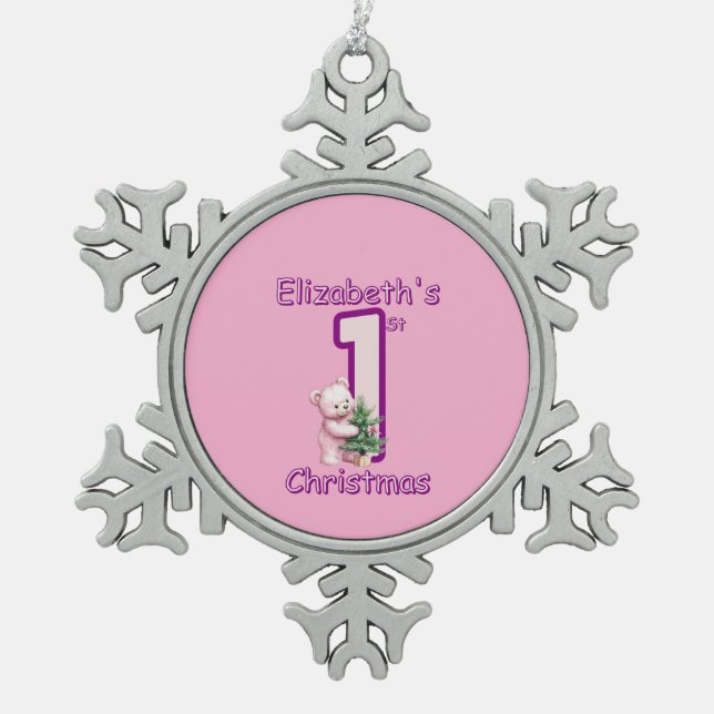 Pink Teddies First Christmas Cheer! Schneeflocken Zinn-Ornament (Vorderseite)